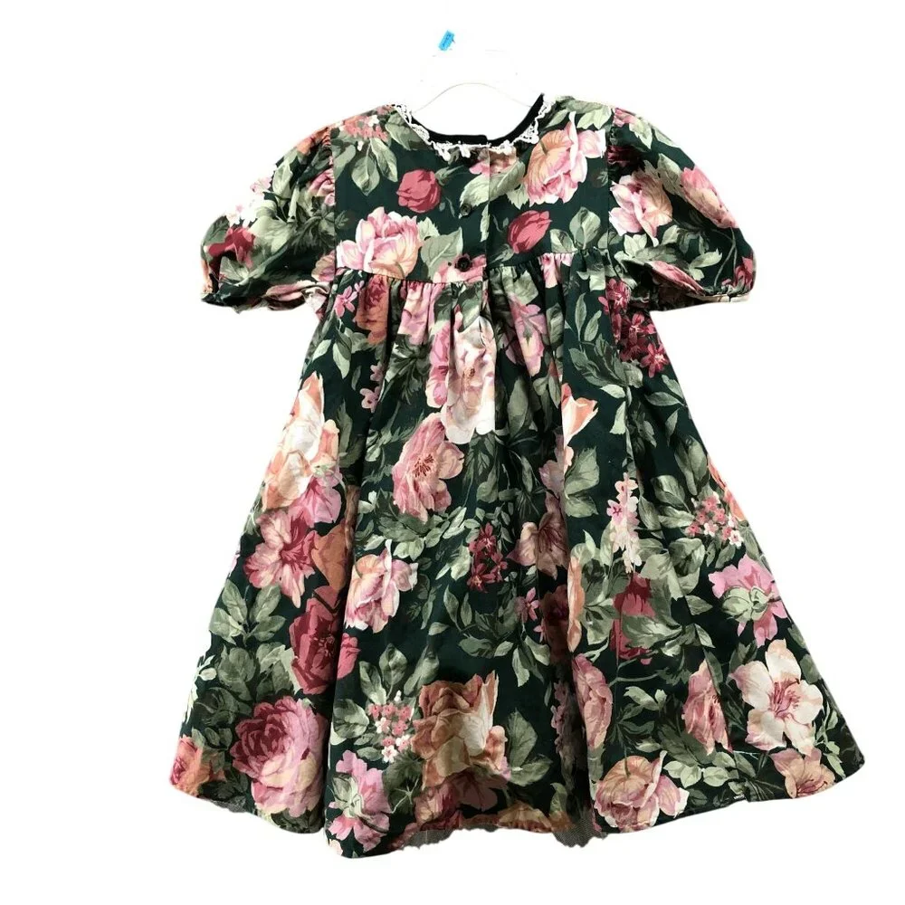 Vintage‎ Bonnie Jean Girls 6X 90s Party Dress USA Floral Puff Sleeve Tulle